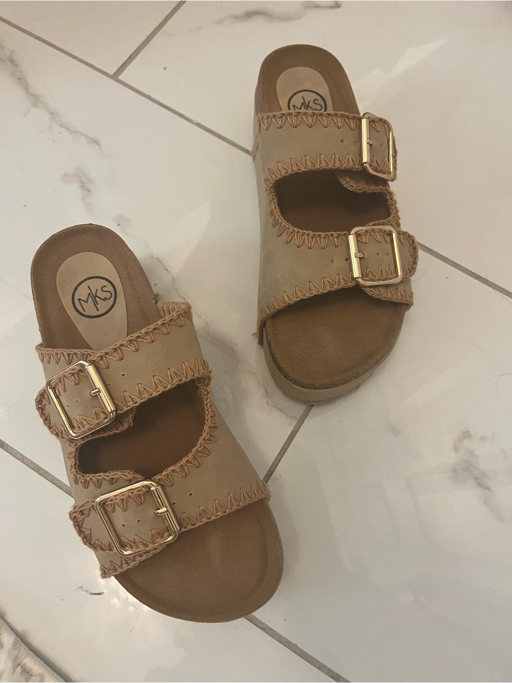 MKS Tan Double-Buckle Slide Sandals with Gold Buckles